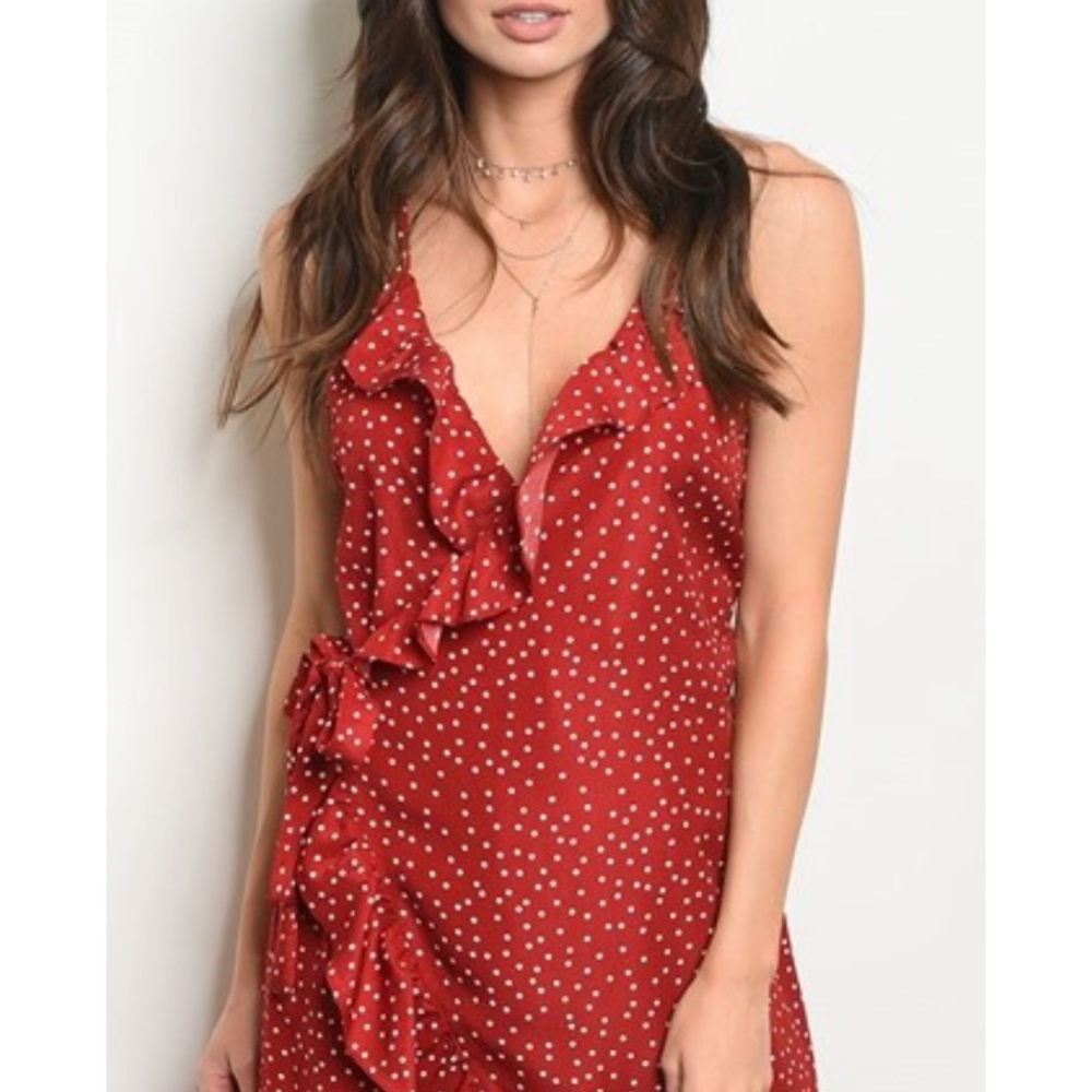 Cozy Casual Rusty Red White Polka Dot sleeveless ruffle Wrap Dress